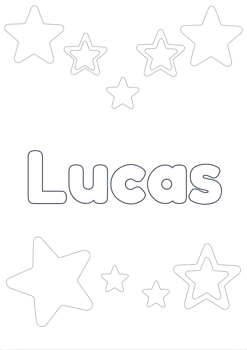Printable Lucas name coloring page with a Stars theme, ready to color
