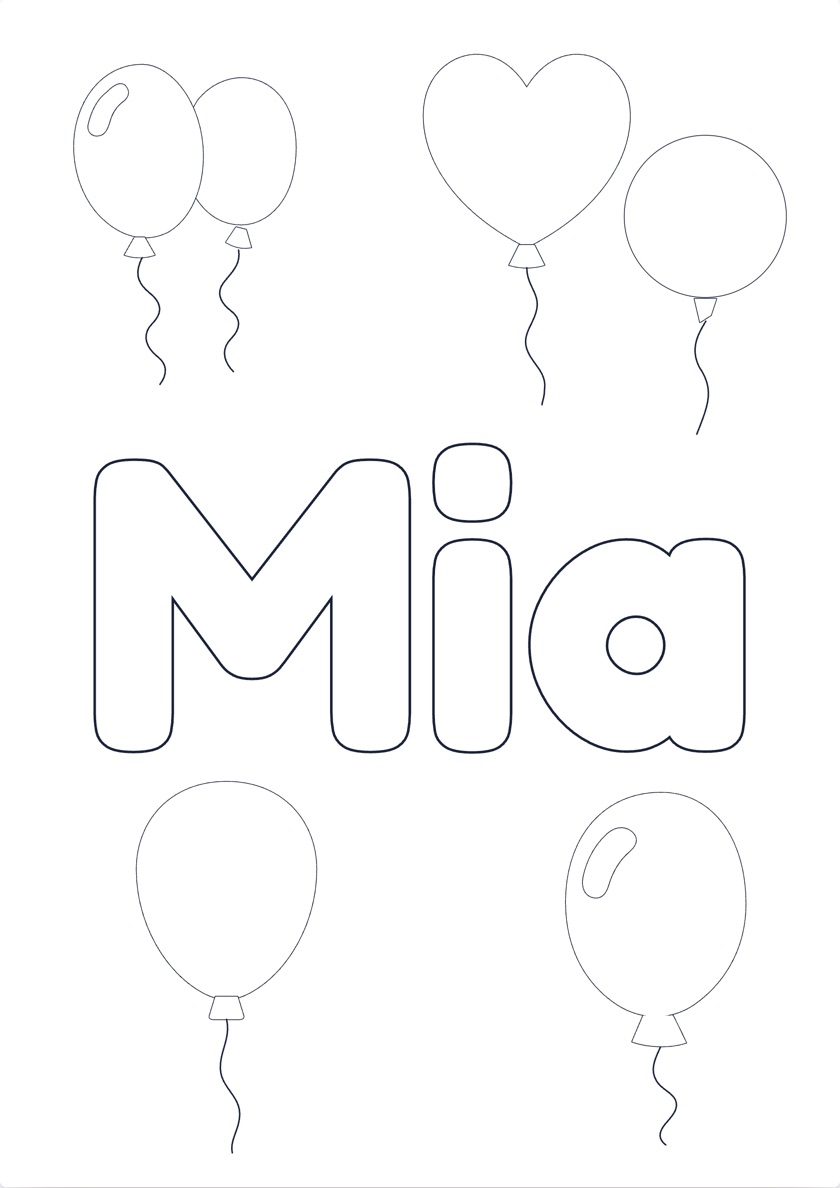 Printable Mia name coloring page with a Balloons theme, ready to color