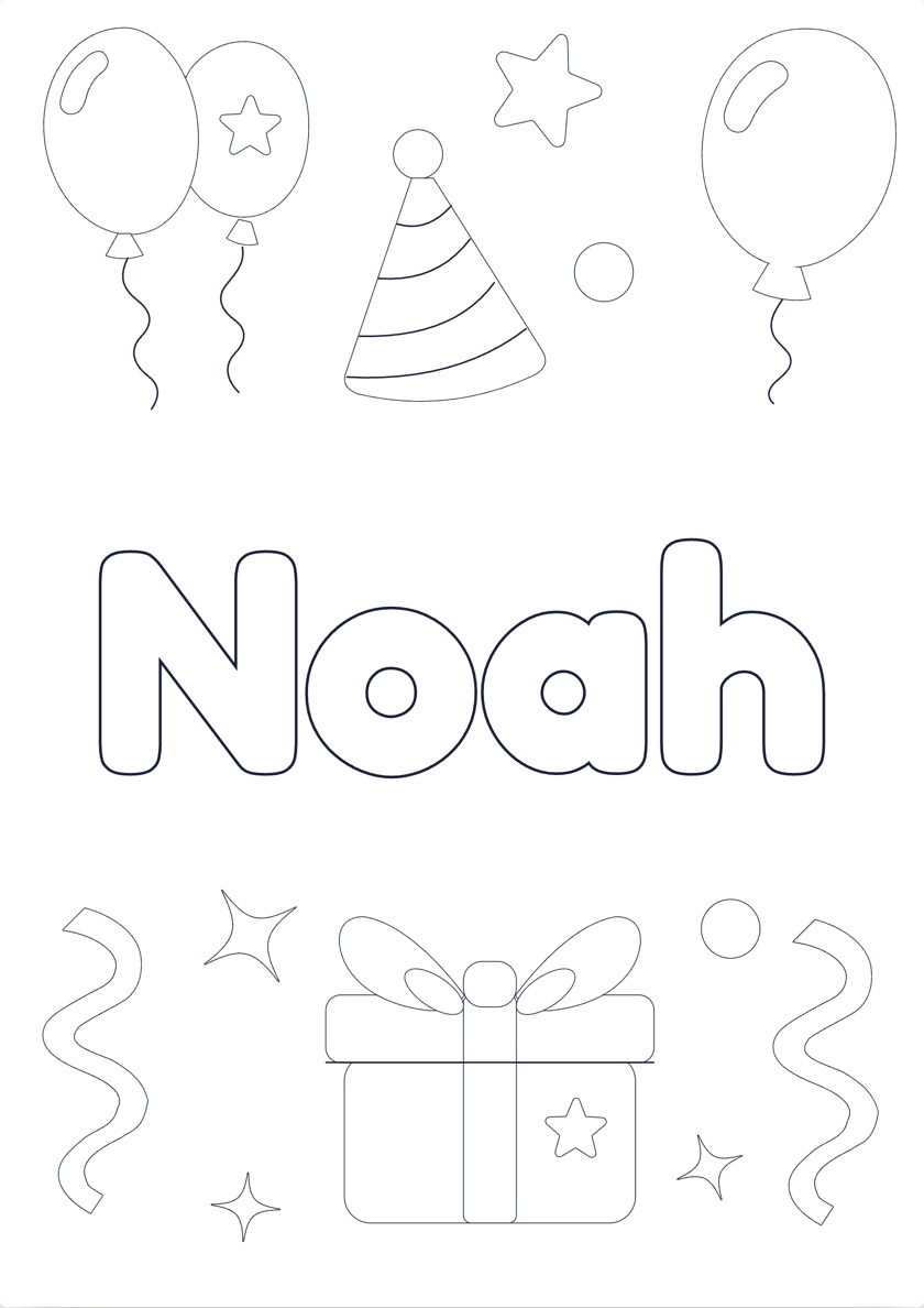 Printable Noah name coloring page with a Party Mix theme
