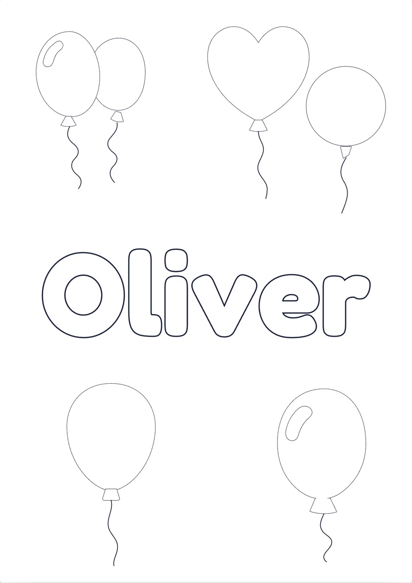 Printable Oliver name coloring page with a Balloons theme, ready to color