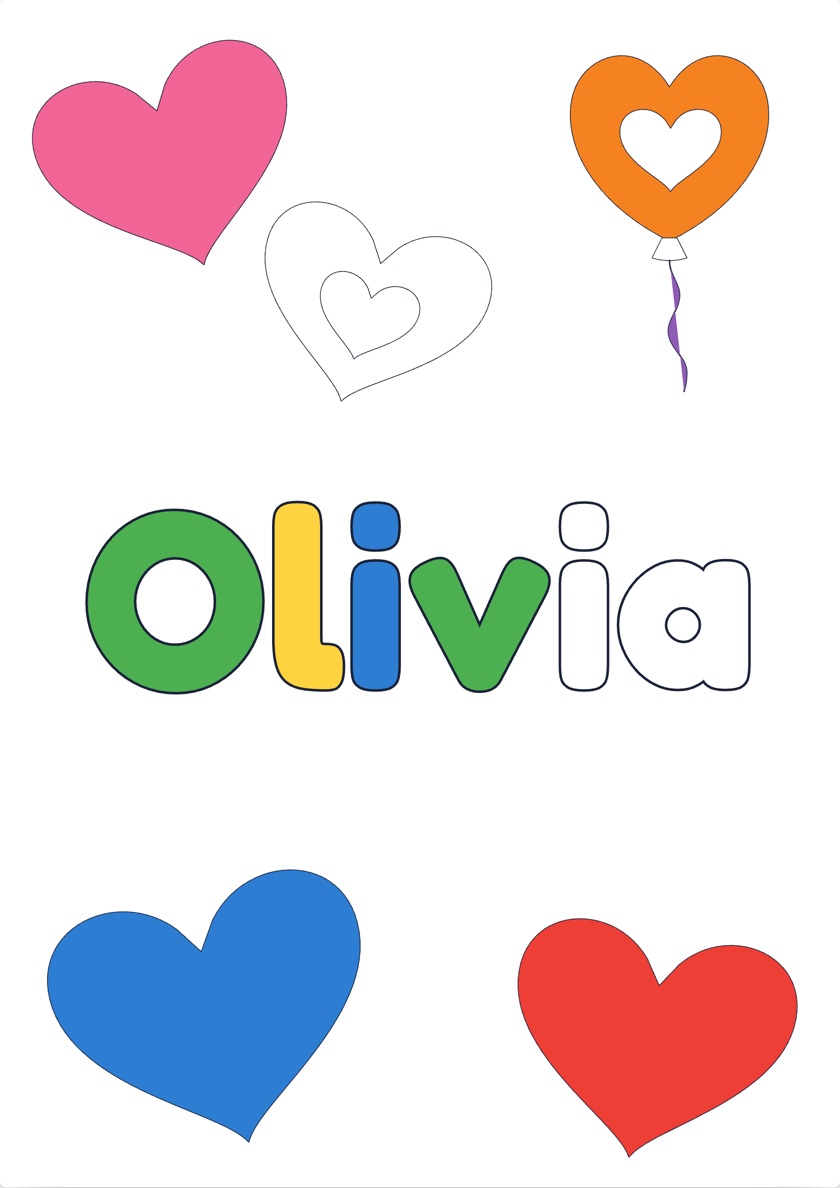 Olivia name coloring page with a Hearts theme, partly colored in