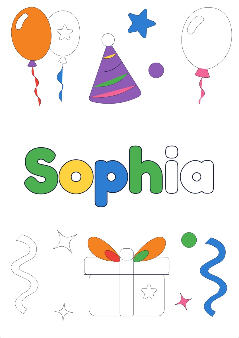 Sophia name coloring page with a Party Mix theme, partly colored in